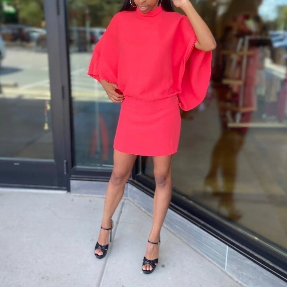 Gucci Red Mock Neck Cape Sleeve Mini Dress Blouson Cocktail Dress